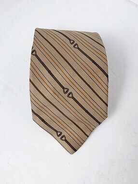 Celine Vintage 80s Equestrian Motif Necktie Horsebit Stripes  Tan Brown Silk
